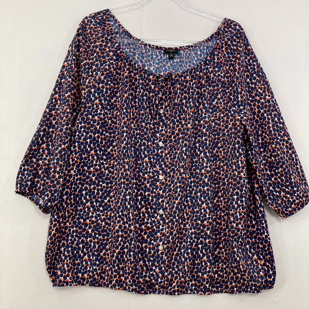 Ann Taylor size XL Polka Dot Tie Front 3/4 Sleeve Button Down Preppy Office Work
